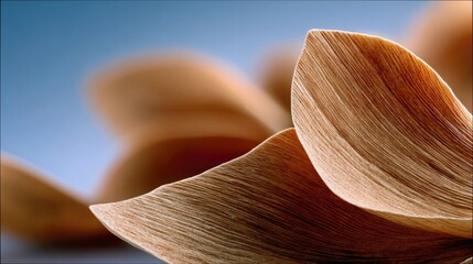 Close-up of textured leaf petals in focus against a blurred blue background, creating an abstract and natural composition.