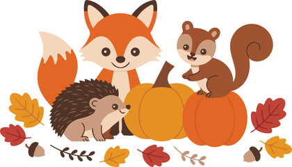 Cute autumn woodland animals collection featuring fox squirrel and hedgehog standing next to pumpkin and fall leaves pixel art vector illustration for seasonal design © MDMUKTADIR