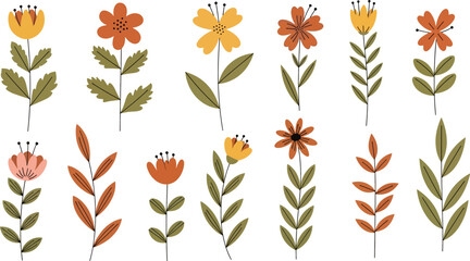 Bohemian floral illustrations in earthy colors and flat vector style, perfect for aesthetic creative projects