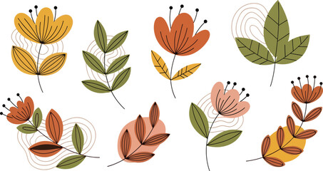 Bohemian floral illustrations in earthy colors and flat vector style, perfect for aesthetic creative projects