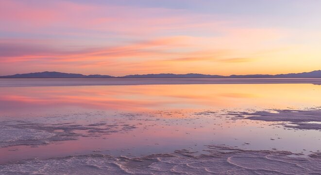 A serene landscape featuring a tranquil lake reflecting a vibrant sunset sky and distant mountains - Powered by Adobe