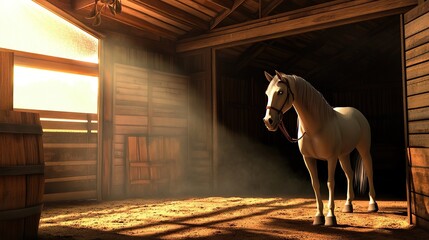 A majestic white horse stands in a sunlit, rustic wooden barn, exuding a sense of tranquility and grace.