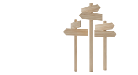 Three distinct natural wooden signposts, varied heights, subtly angled on a transparent studio background with diffused lighting, representing strategic pathways and options