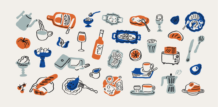 Breakfast food sketches set. Hand-drawn sketchy drawings, moka pot, coffee, tea cup, baguette, pancakes with egg, toaster in playful scribble style. Vector illustrations isolated on white background