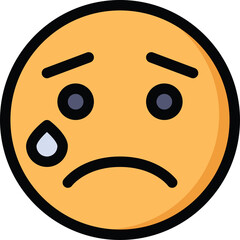 Sad yellow face icon with a tear rolling down its cheek and downturned mouth conveying unhappiness and sorrow simple illustration with dark outlines and bold colors on a transparent background