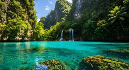 A scenic tropical lagoon with waterfalls cliffs and lush greenery on a bright sunny day view