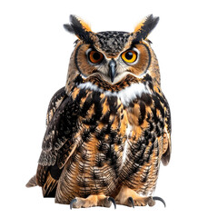 Majestic owl with large eyes stares intensely at the viewer