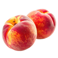 Two ripe, fuzzy peaches in shades of yellow, red, and orange
