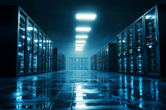 High-tech data center featuring glowing servers and sleek lines of network racks