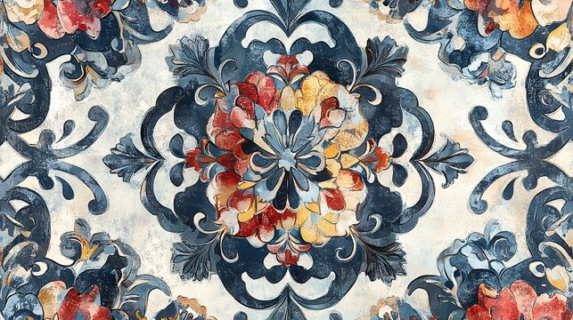 Seamless baroque floral damask pattern in watercolor style featuring intricate blue, red, and yellow ornamental motifs on a light background