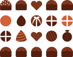 Vector illustration of 30 assorted chocolate gift icons in a 6x5 bundle for sweet designs