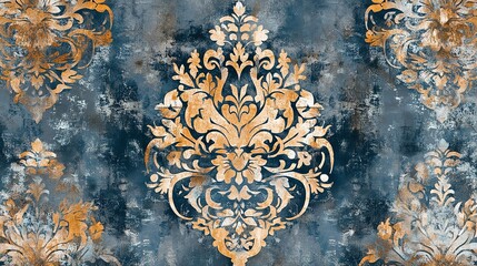Elegant baroque damask pattern in gold and deep blue with distressed vintage texture background for textile or wallpaper design