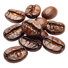 Roasted brown coffee beans clustered together, detailed textures visible