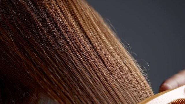 Hands gently comb through beautiful, long hair, creating a sleek and shiny appearance. Soft light highlights the hair's natural luster and smooth texture