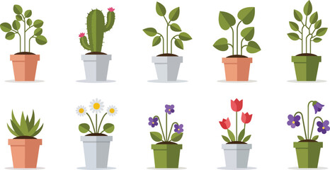 Obraz premium Cute houseplants and flowers in pots illustrated in flat vector style for home decor themes