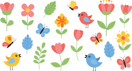 Floral vector set featuring flowers, leaves, and small birds in a playful flat style