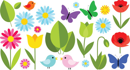Floral vector set featuring flowers, leaves, and small birds in a playful flat style