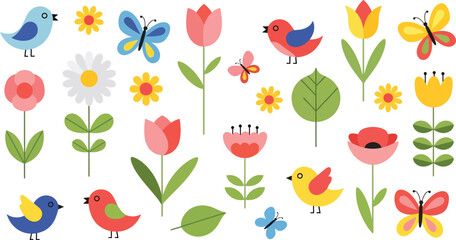 Floral vector set featuring flowers, leaves, and small birds in a playful flat style
