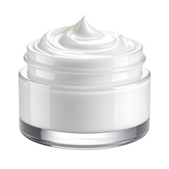 Small clear jar filled with rich, white cream on a transparent background