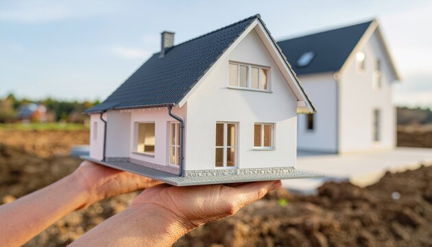  Hand holding a scale model of a single family house under construction