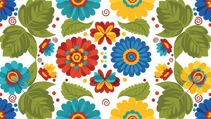 Folk art–inspired flowers and leaves in bold flat shapes and decorative colorful patterns