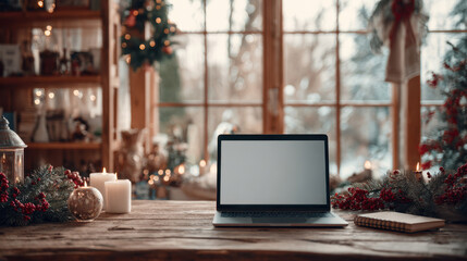 Fototapeta premium Laptop with blank screen on cozy home desk