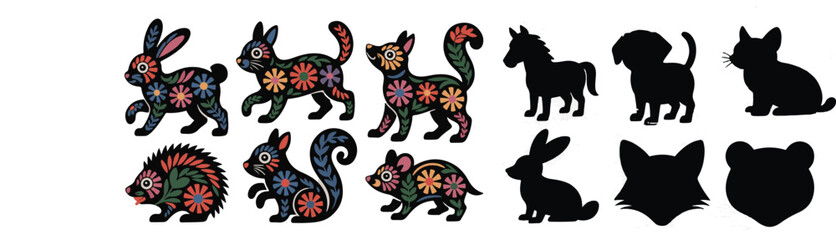 Vector animal illustrations set featuring various wild and domestic creatures for educational or design projects