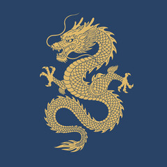 Intricate golden dragon illustration featuring flowing scales, sharp claws, and a dynamic pose set against a dark blue backdrop.