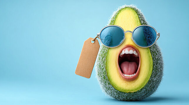 Humorous avocado with sunglasses and a price tag, mouth open in apparent shout on blue studio background.