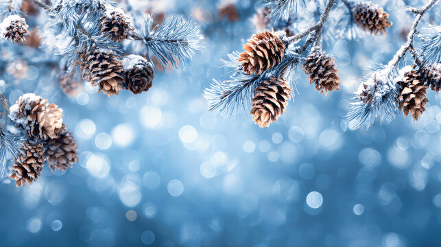 A beautiful winter scene showcases frosted pine branches adorned with cones against a dreamy icy blue backdrop, setting a perfect festive mood for holidays