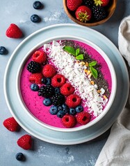 Fototapeta premium Fresh smoothie bowl with berries, chia seeds, coconut flakes, top view, bright colors, food photography