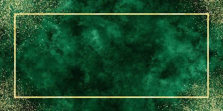 Luxurious dark green background with gold glitter and a golden rectangular frame. The elegant texture and sparkling edges create a festive and classy Christmas atmosphere.
