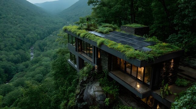 Modern home nestled in lush forest with green roof and solar panels generating clean energy, perfect for sustainable living and eco-conscious design concepts