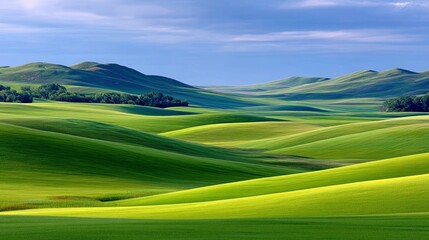 Scenic landscape of rolling green hills under a clear blue sky on a sunny day. The image showcases the natural beauty of the environment.
