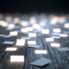 Sale labels glowing scattered across dark wood table