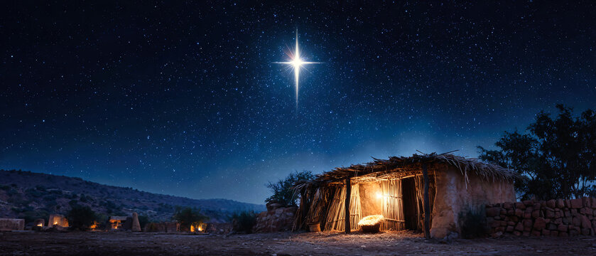 A bright Star of Bethlehem shines above the rustic manger where baby Jesus was born, casting a warm glow in the peaceful night filled with hope and wonder