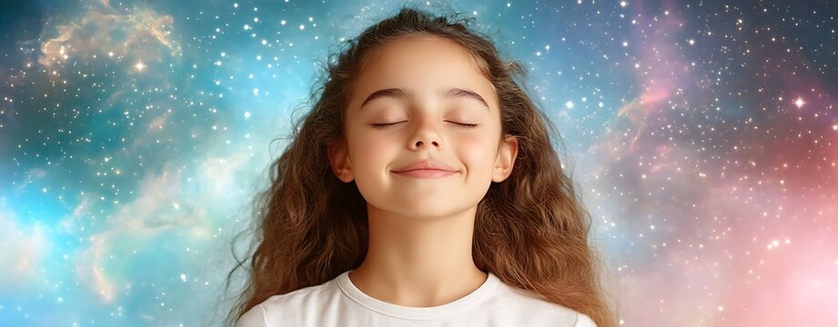 Stellar smile scene concept, Serene Girl with Curly Hair Enjoying Cosmic Background Bliss