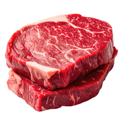 Two raw red steaks stacked, marbled texture, ready for cooking
