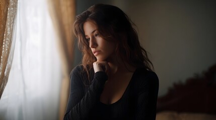 Young woman gazes pensively out window in soft light deep in thought and reflection