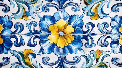 Closeup of traditional sicilian ceramic tile pattern featuring vibrant blue and yellow floral baroque design on a white background