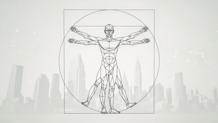 Modern polygonal Vitruvian Man illustration. Symbolizes human potential, technology, and urban development against a blurred city skyline and digital network.