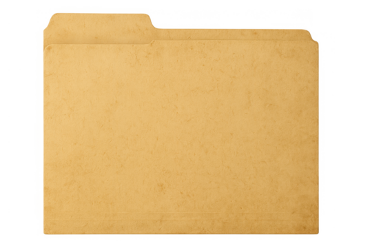 Manila colored file folder with aged paper texture. Organizing documents, archives, information, and business files. Transparent background