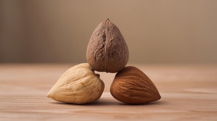 Different types of nuts arranged on a wooden surface