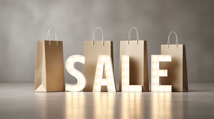 Shopping bags placed with glowing SALE letters