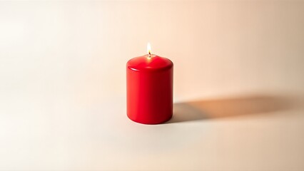 A vibrant red pillar candle stands illuminated with a bright, flickering flame, casting a soft, warm glow and subtle shadow on a simple light-colored background. Evokes warmth and peace.
