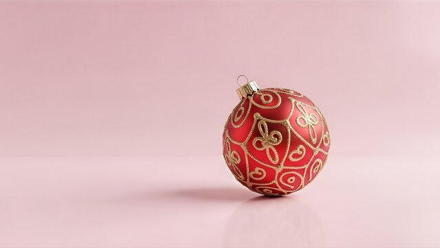 A vibrant red Christmas bauble with intricate gold glitter swirl patterns rests on a minimalist light pink background. Ideal for holiday greetings, promotions, or elegant festive designs.