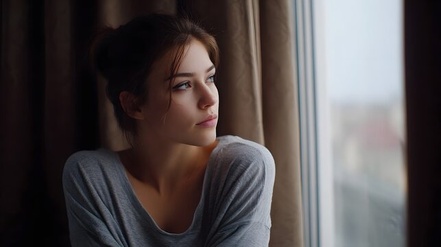 A young woman gazes pensively out of a window lost in thought with soft daylight illuminating her face