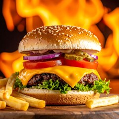Mouthwatering close-up of a stacked burger with fries, flame background