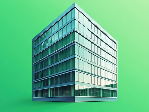 Modern commercial building with green glass windows set against a solid green backdrop, geometric design