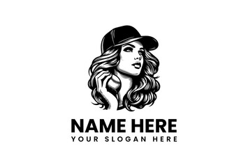 Dynamic vector illustration logo of a stylish woman wearing a baseball cap, a modern graphic for fashion, beauty, and lifestyle branding projects